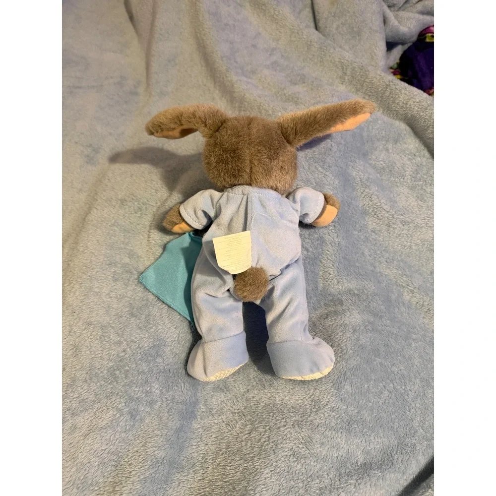 Vintage Sleepy Bunny Plush in Blue Footed Pajamas with Security Blanket Toy